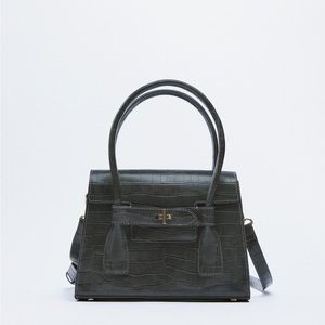 ZARA Black Mock Croc Double Strap City Bag